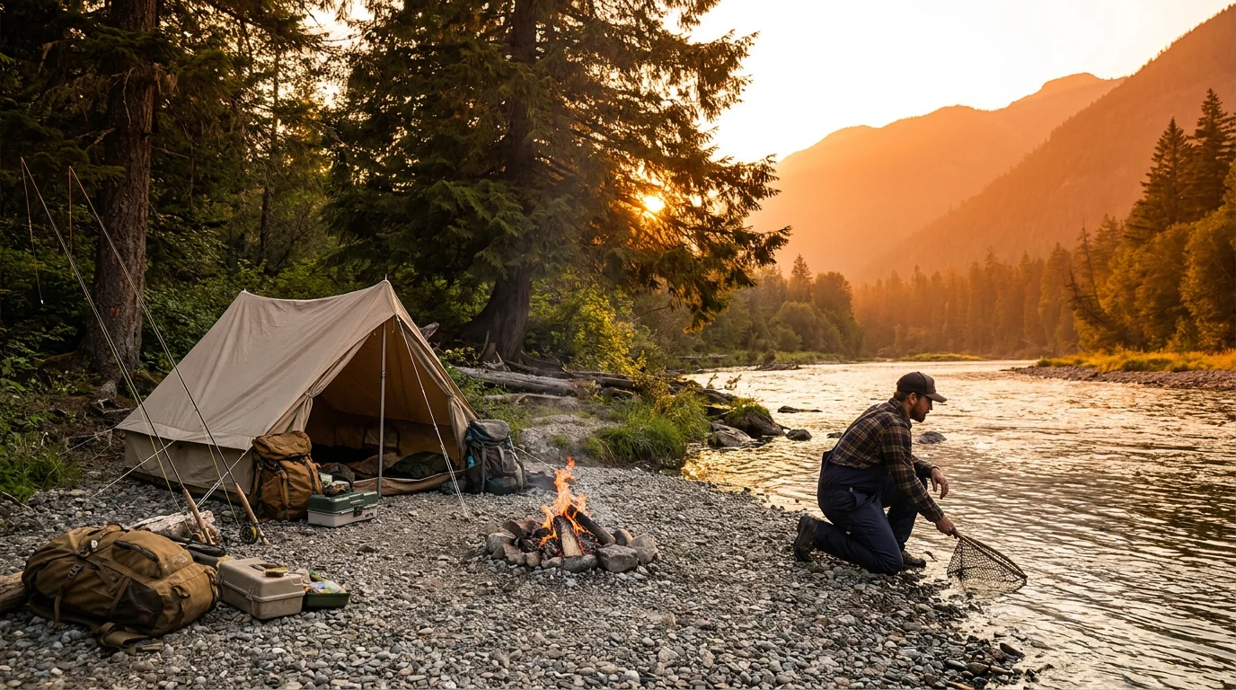 Multi-day outdoor expedition campsite where durable fishing pants matter