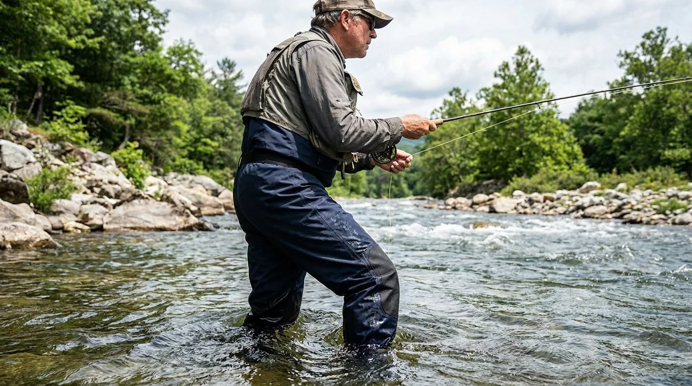 River wading angler in reinforced fishing pants with DWR finish