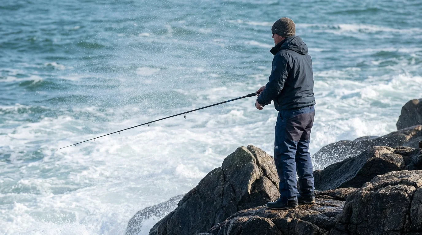 Rock and shore fishing scene with abrasion-resistant fishing pants