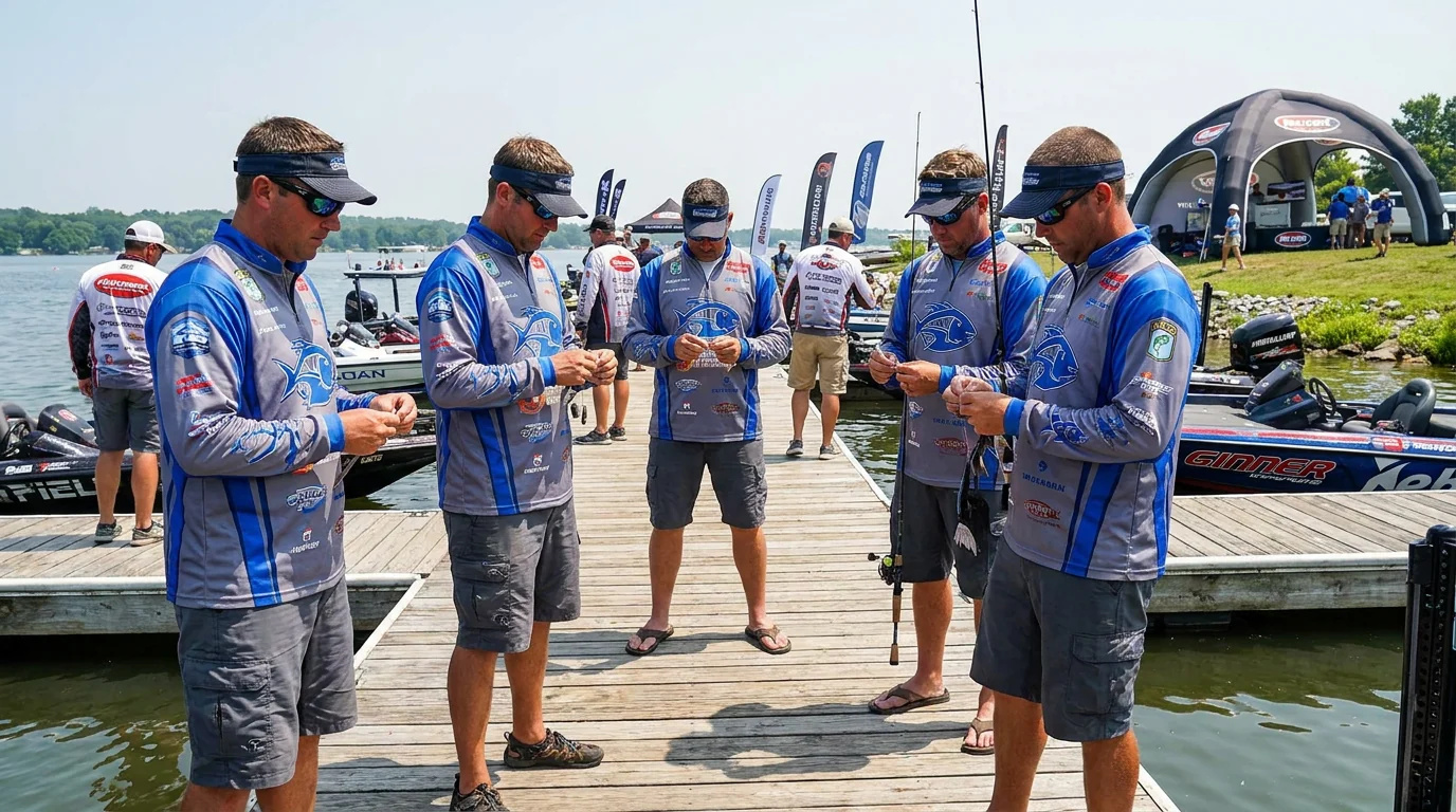 Summer tournament fishing scene with team uniform fishing shorts