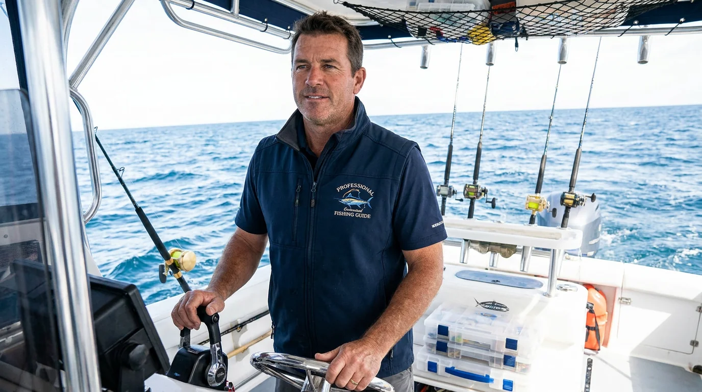 Fishing guide in branded uniform vest on charter boat