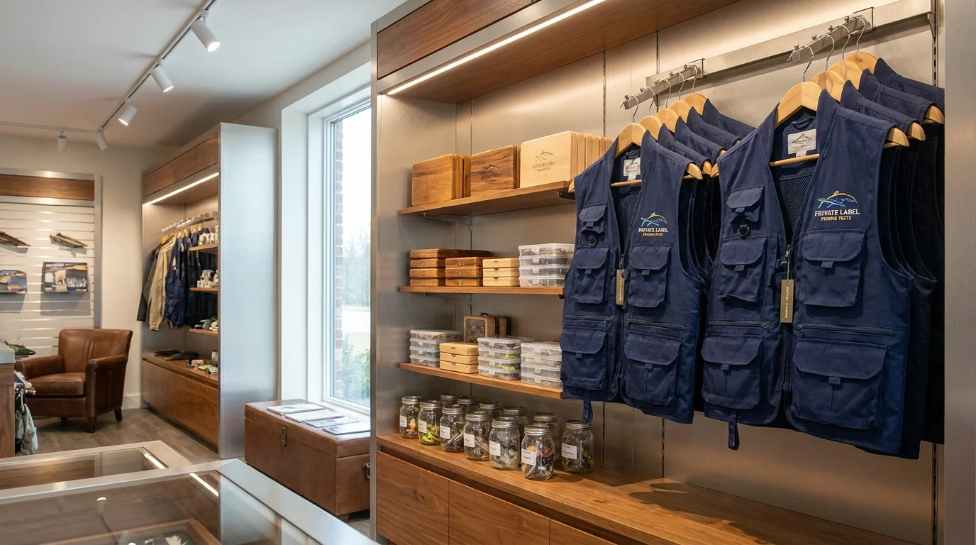 Fly shop retail display with private label fishing vests