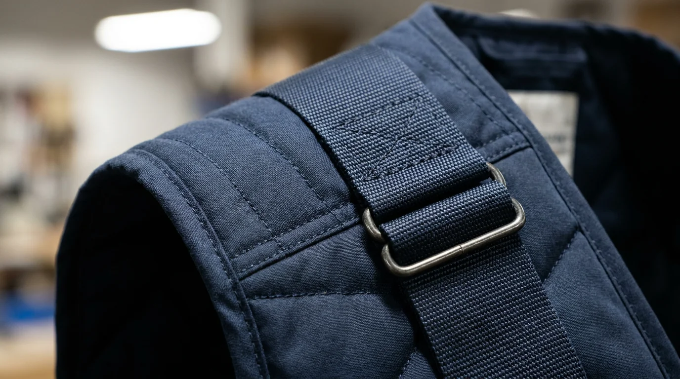 Cross-chest load strap and shoulder seam construction on fishing vest