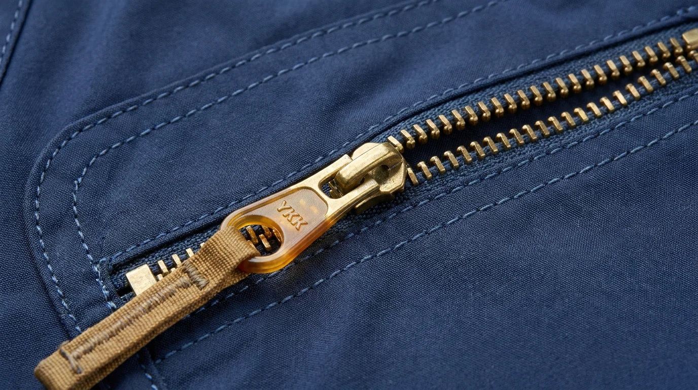 YKK zipper detail on fishing vest chest pocket opening toward center