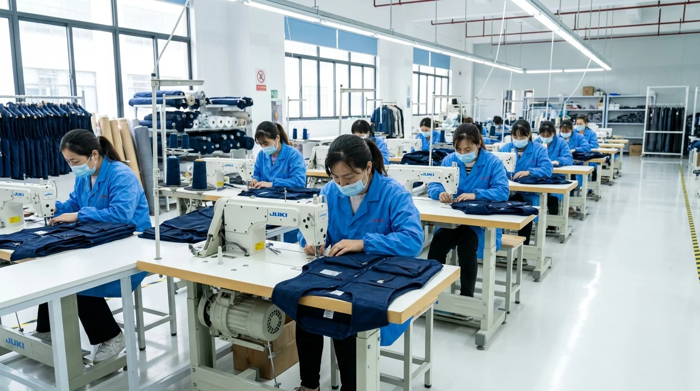 Fishing apparel factory production line with operators sewing custom vests