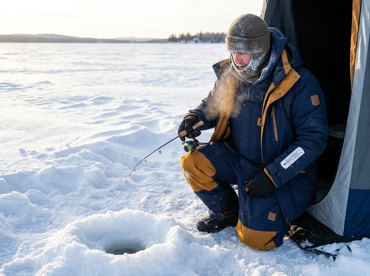 Extreme cold sub-arctic ice fishing scenario with heavy insulation