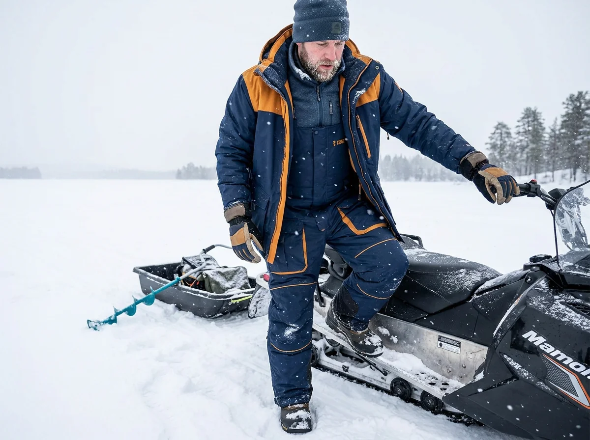 Snowy snowmobile ice fishing scenario with full layering system