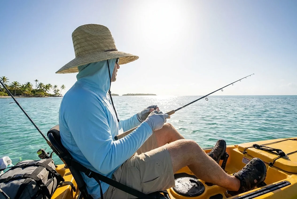 Hot summer kayak fishing scenario with breathable lightweight apparel