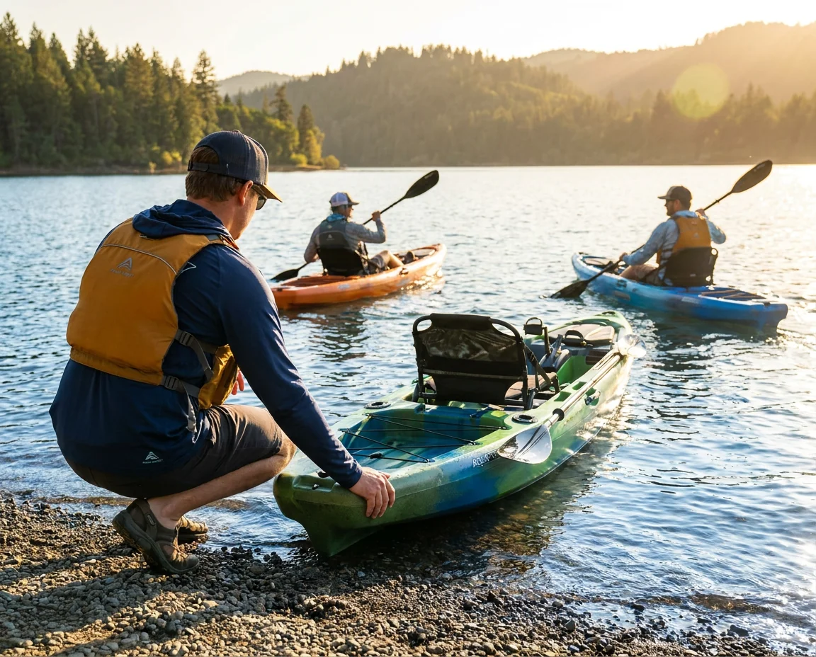 Kayak fishing outdoor lifestyle scene with branded apparel