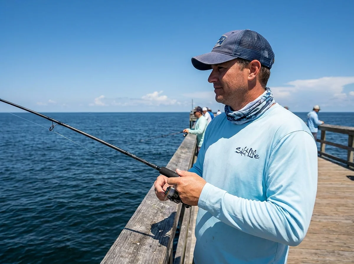 Pier and dock saltwater fishing scenario with branded fishing apparel
