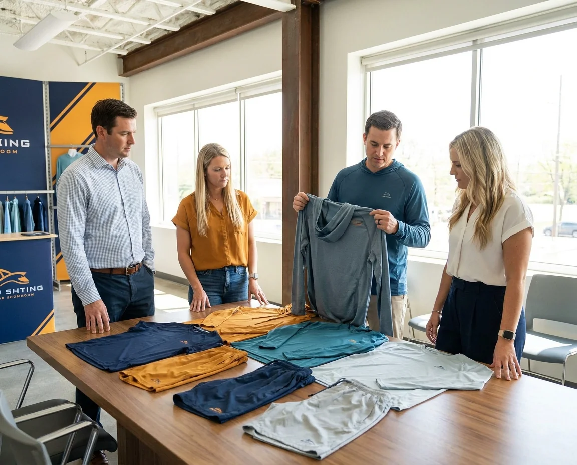 Saltwater fishing brand team showcasing custom apparel collection