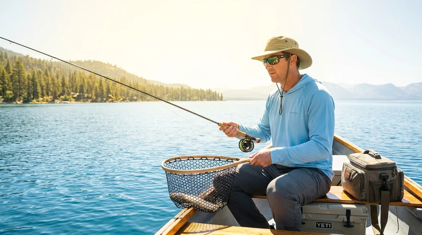 Summer freshwater lake fishing scene with midday heat for UPF apparel