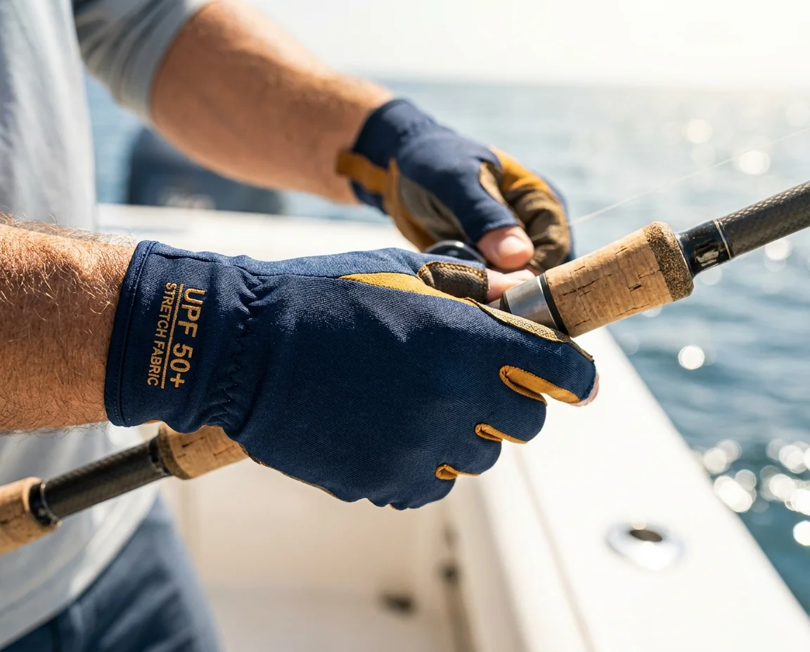 UPF 50+ fishing gloves with stretch fabric and full UV hand coverage
